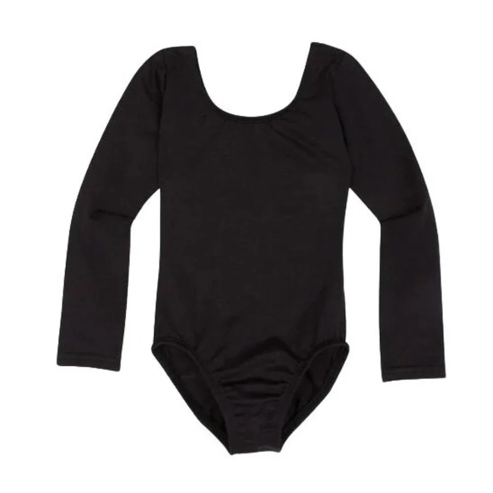 Childs Black Leotard Long Sleeve Scoop Neck Bodysuit Dance Performance L 12-14